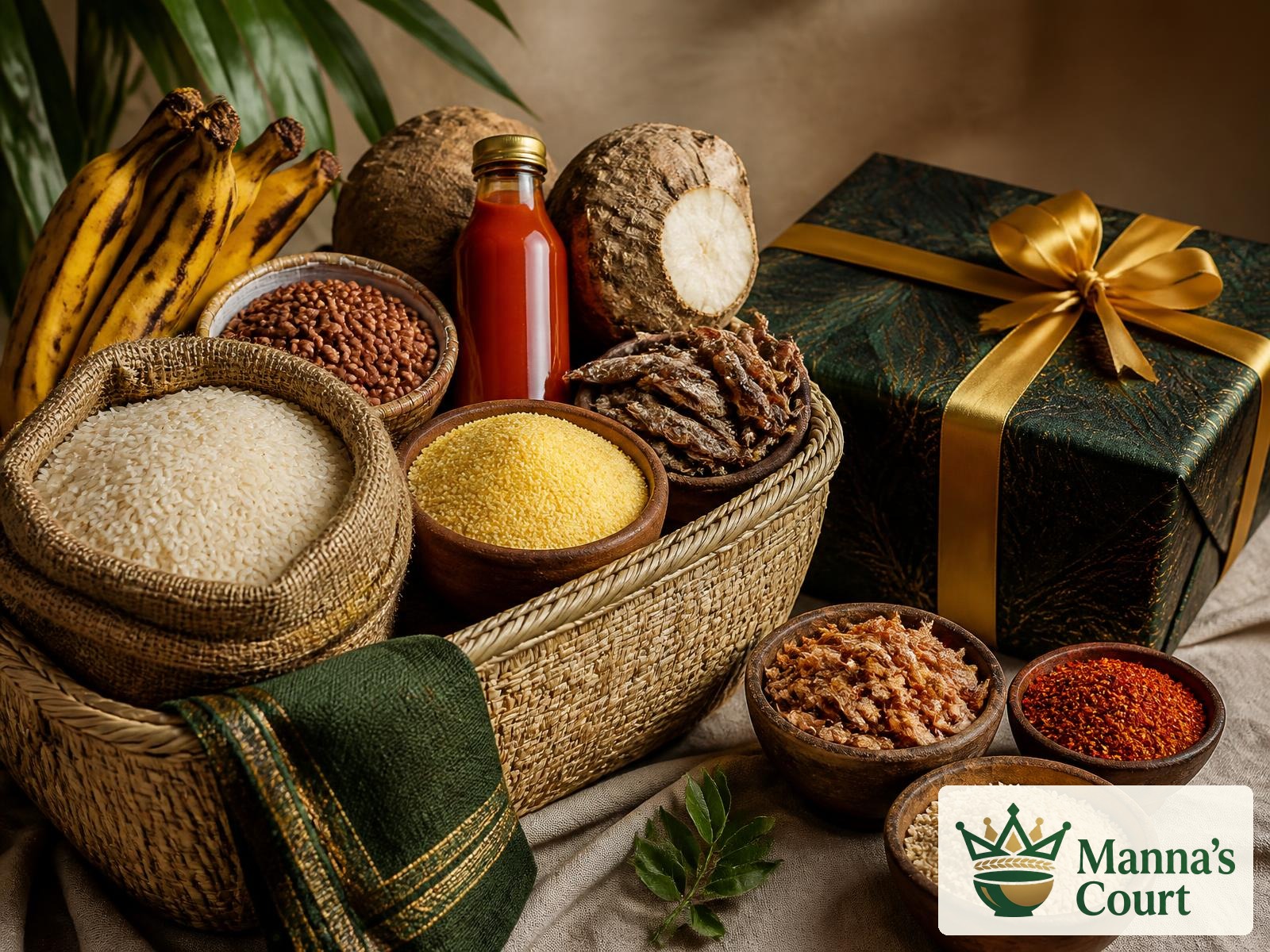 A Manna's Court food hamper with Nigerian staples and a wrapped gift